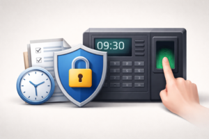 Erstelle nun ein passendes Titelbild im Querformat, aussagekräftige metaphorische Bildsprache, realistisch; gedeckte Farben, neutraler Hintergrund, moderner klarer 3D-Look. das Thema soll klar und deutlich hervorgehen. maximal 2–3 metaphorische Elemente im Zentrum, großer Negativraum rundum. Das Bild soll zum Blogbeitrag mit folgender Kurzbeschreibung passen: Der Datenschutz‑Tätigkeitsbericht Baden‑Württemberg ordnet die verpflichtende Zeiterfassung per Fingerabdruck ein. Ein Überblick zu Erforderlichkeit, Art. 9 DSGVO und datenschutzkonformen Alternativen.